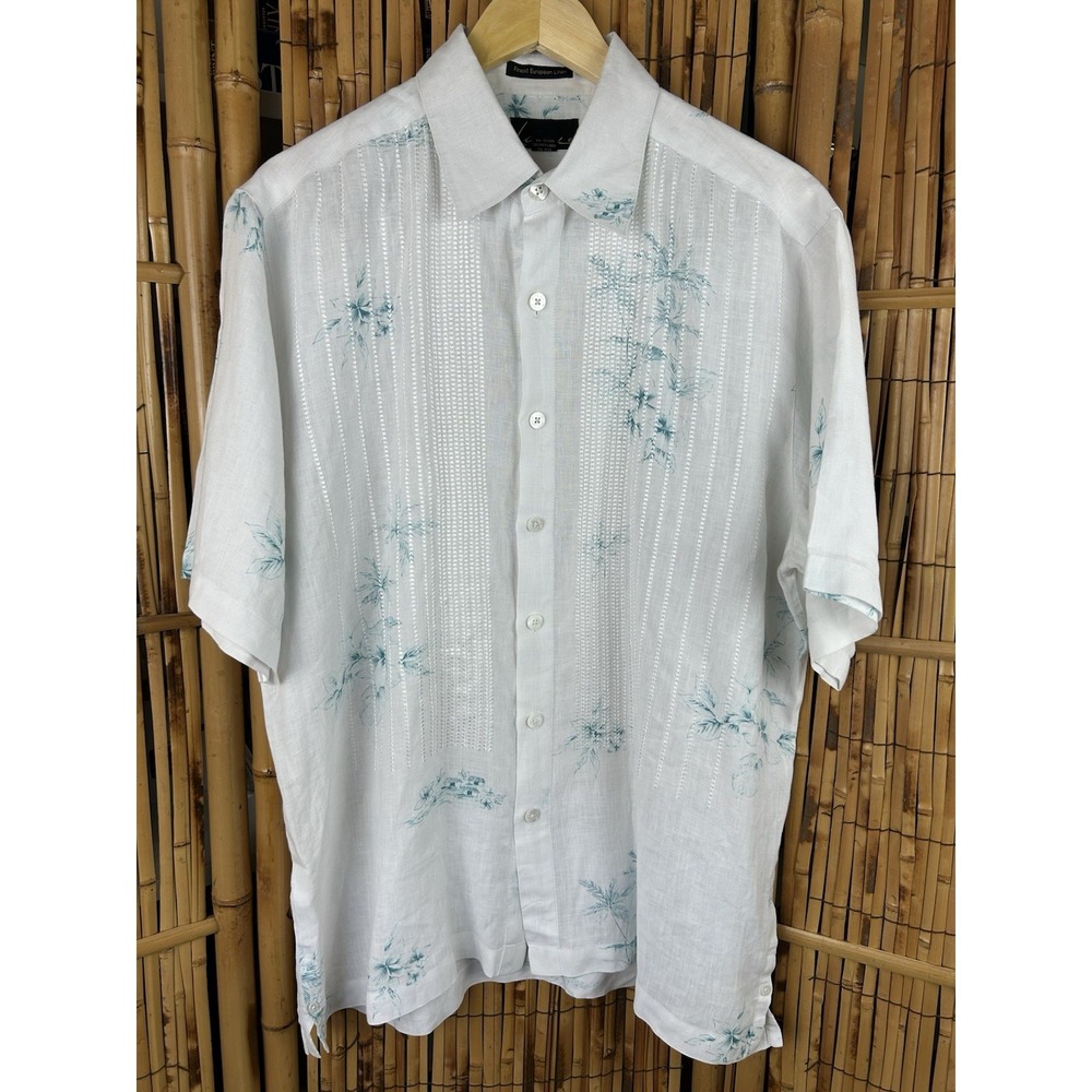 LUAU Mens 100% Linen Short Sleeve Hawaiian‎ Style Shirt White & Teal - Large